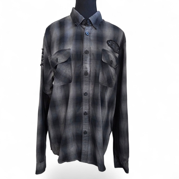 Motogear Men's Charcoal Plaid Button-Down Shirt Size Med - Picture 1 of 11